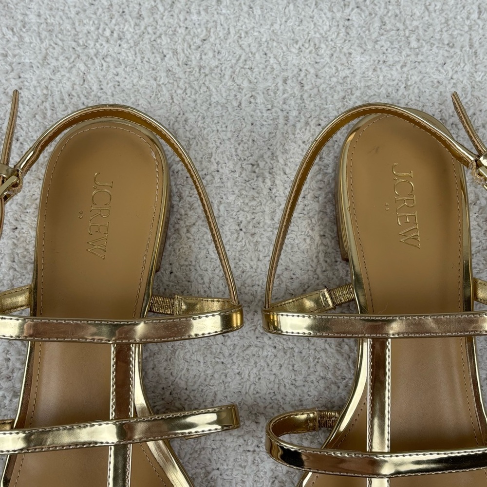 J. Crew Factory Sandals Womens 10.5 Gold Ankle‎ Strap Open Toe Buckle Flats - Picture 4 of 13